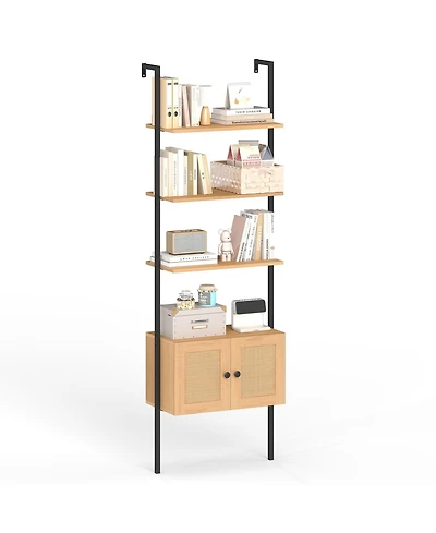 Gymax Wall-Mounted Ladder Shelf 5-tier Bookshelf w/ Rattan-Door Cabinet Display Rack
