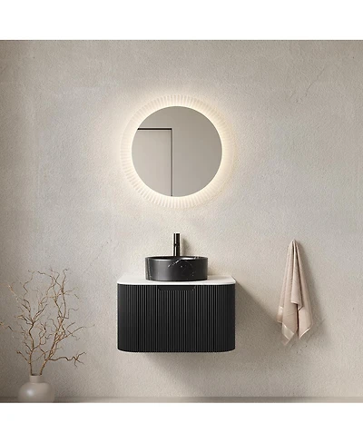 Sillysis Wall Mounted Bathroom Vanity with Sintered Stone Top, Ceramic Round Sink, Stripe Drawer