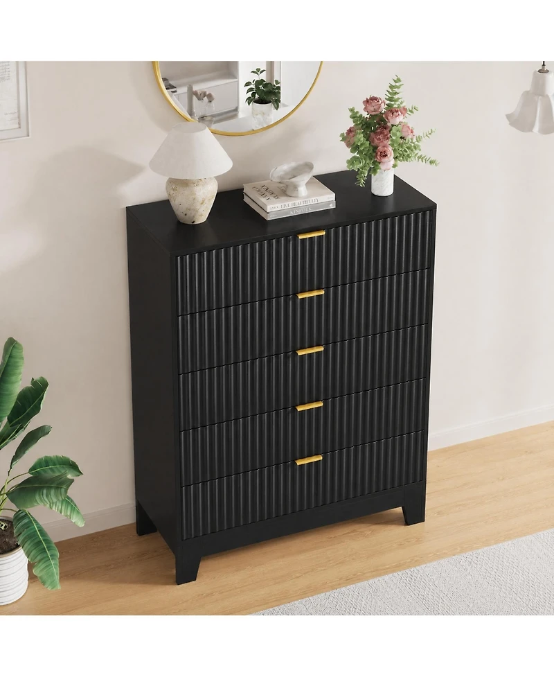homfan 5 Drawer Dresser for Bedroom, Fluted Chest with Metal Handle, Modern Wooden Tv Stand, Clothes Storage Organizer Hallway, Entryway