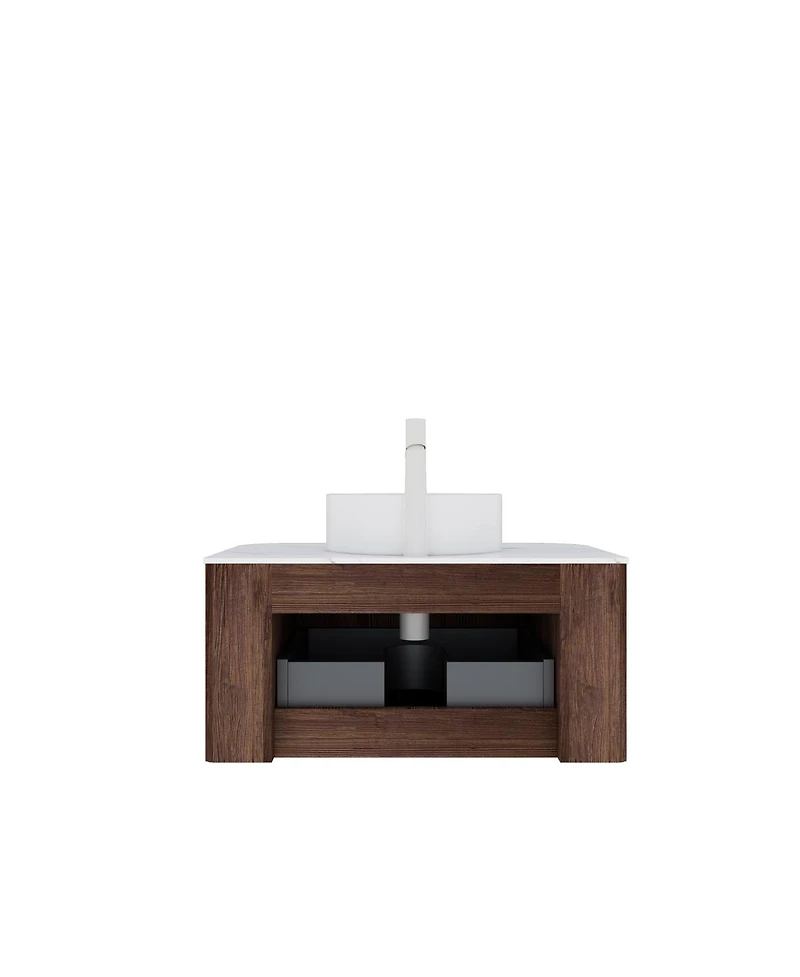 Sillysis Wall Mounted Bathroom Vanity with Sintered Stone Top, Round Ceramic Vessel Sink, Walnut Striped Drawer