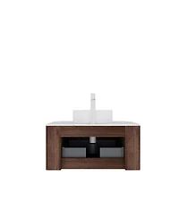 Sillysis Wall Mounted Bathroom Vanity with Sintered Stone Top, Round Ceramic Vessel Sink, Walnut Striped Drawer