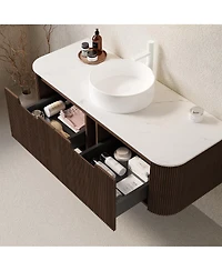 Sillysis Wall Mounted Bathroom Vanity with Sintered Stone Top, Round Ceramic Vessel Sink, Walnut Striped Drawer, Pre-assembled