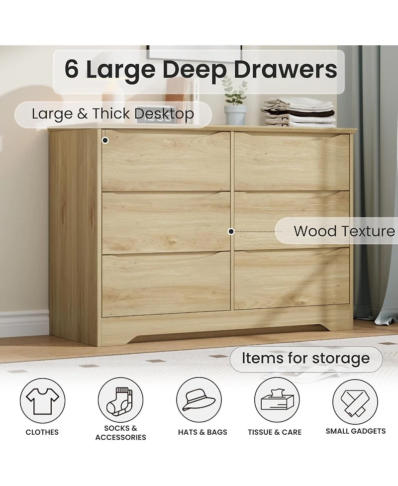 homfan Modern Tall 6-Drawer Wooden Dresser, Spacious Storage Chest with Wide Top for Bedroom, Living Room and Hallway