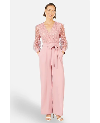 Yumi Women's Sash Waist Floral Applique Wrap Jumpsuit