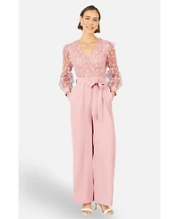 Yumi Women's Sash Waist Floral Applique Wrap Jumpsuit