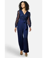 Yumi Women's Sash Waist Floral Applique Wrap Jumpsuit