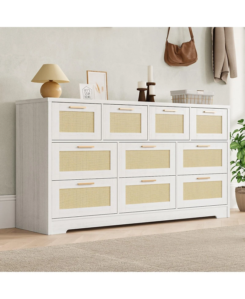 homfan 10 Drawers Dresser for Bedroom, Rattan Chest of with Spacious Tabletop and Handles, Closet Organizer Tv Stand Living Room
