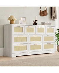homfan 10 Drawers Dresser for Bedroom, Rattan Chest of with Spacious Tabletop and Handles, Closet Organizer Tv Stand Living Room