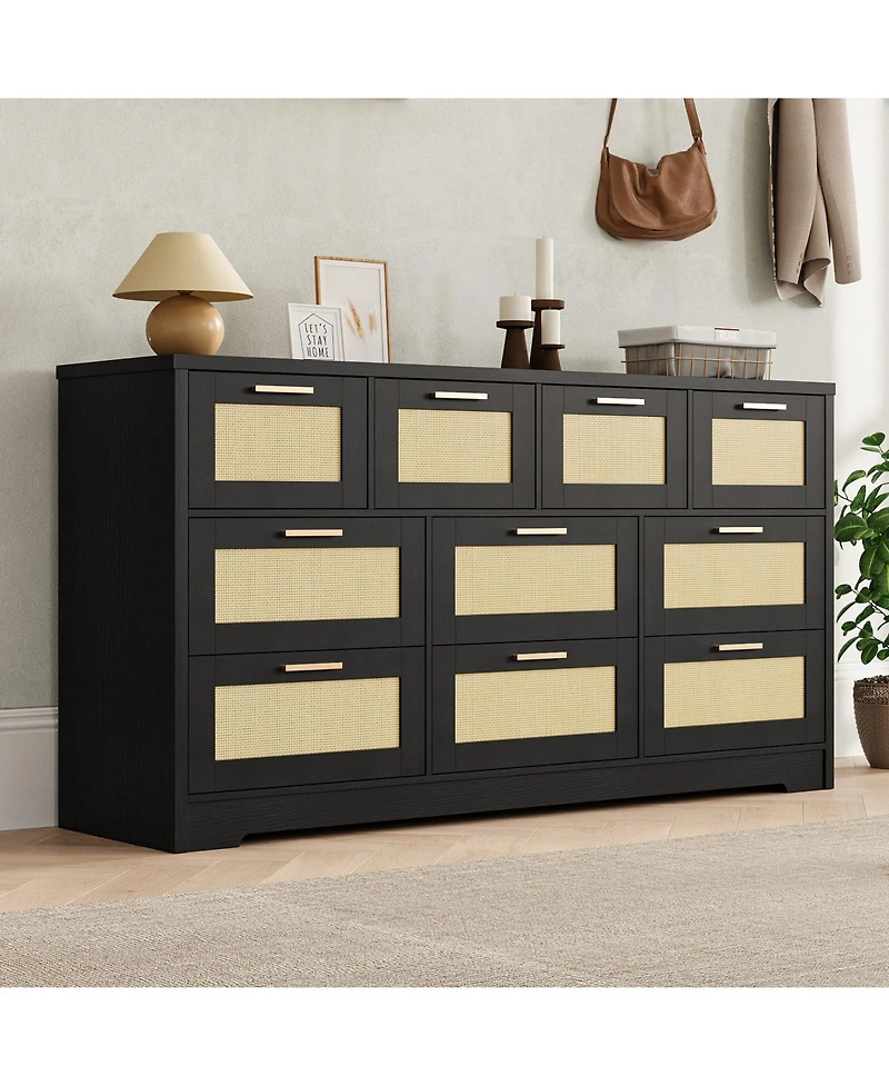 homfan 10 Drawers Dresser for Bedroom, Rattan Chest of with Spacious Tabletop and Handles, Closet Organizer Tv Stand Living Room