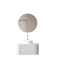 Sillysis Wall Mounted Bathroom Vanity with Sintered Stone Top, White Round Ceramic Sink, Striped Drawer