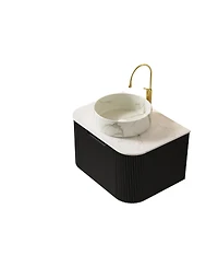 Sillysis Wall Mounted Bathroom Vanity with Carrara Sintered Stone Top, Round Ceramic Sink, Stripe Drawer