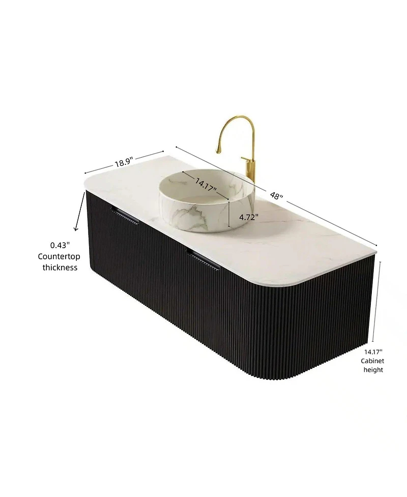 Sillysis Wall Mounted Bathroom Vanity with Carrara Sintered Stone Top, Round Ceramic Sink, Stripe Drawer, Pre-assembled