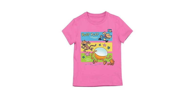 Dog Man Li'l Petey and 80-hd running on Pink Short Sleeve Girls T-Shirt-xl