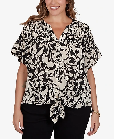 Ruby Rd. Plus Mono Floral Button Tie Front T-Shirt