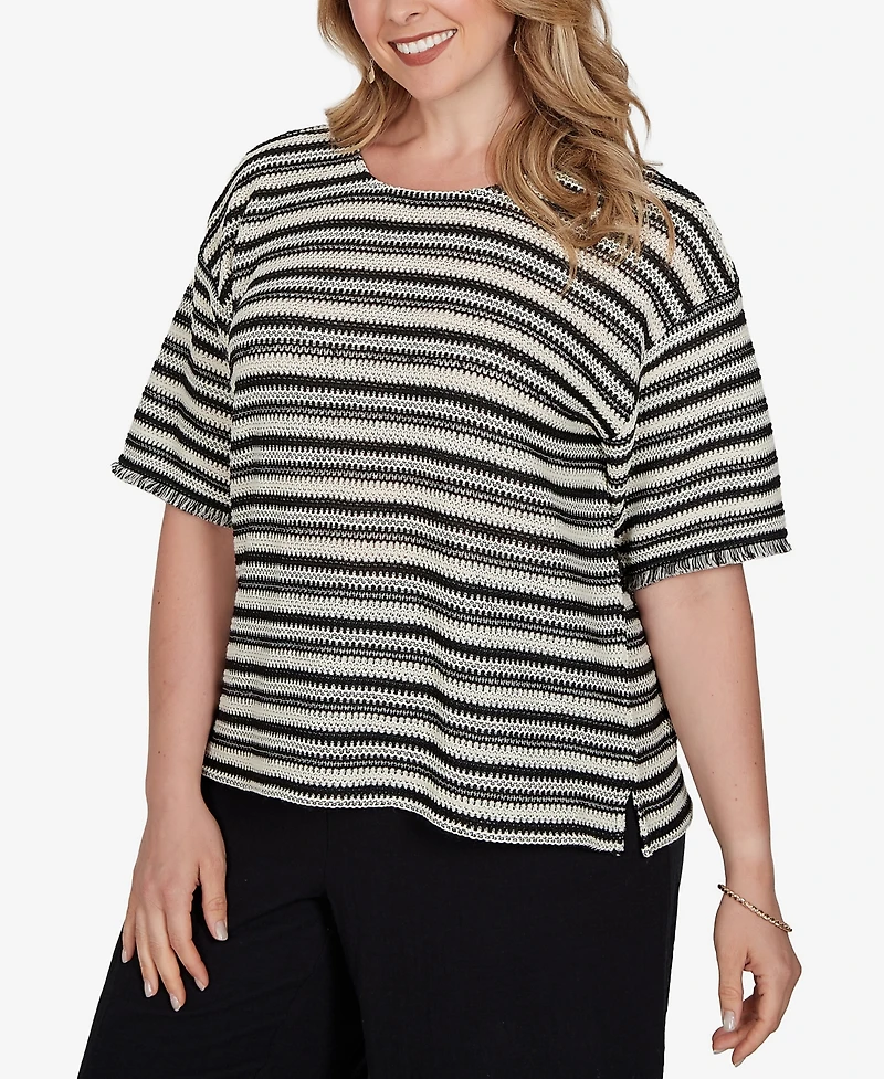 Ruby Rd. Plus Textured Stripe Fringe Sleeve T-Shirt
