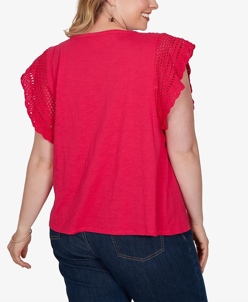 Ruby Rd. Plus Crochet Sleeve Solid Cotton T-Shirt