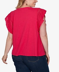 Ruby Rd. Plus Crochet Sleeve Solid Cotton T-Shirt