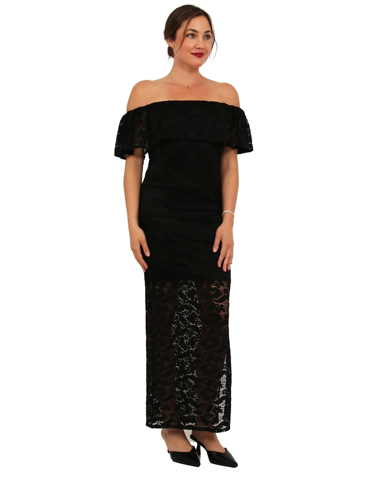 24seven Comfort Apparel Women's Lace Off-the-Shoulder Side- Slit Bodycon Maxi Dress