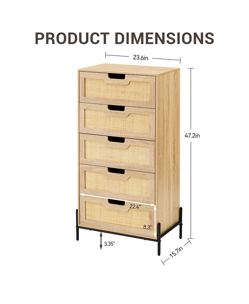 homfan Farmhouse 5-Drawer Rattan Dresser, Tall Storage Chest with Metal Legs and Wood Top for Multi-Room Use