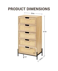 homfan Farmhouse 5-Drawer Rattan Dresser, Tall Storage Chest with Metal Legs and Wood Top for Multi-Room Use