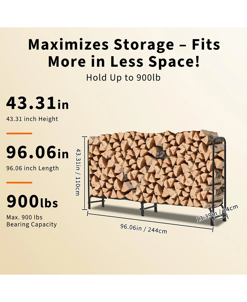 gaomon 8 ft Firewood Rack, Steel Log Holder for Outdoor Storage, Patio, Fireplace and Backyard with Waterproof Cover
