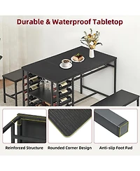 homfan 3 Piece Dining Table Set with Tuck-In Benches, Wine Bottle Storage, Stemware Holder and Adjustable Shelving Home Bar