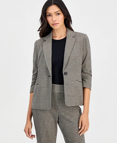 Anne Klein Essentials Petite Houndstooth Scrunch-Sleeve Blazer
