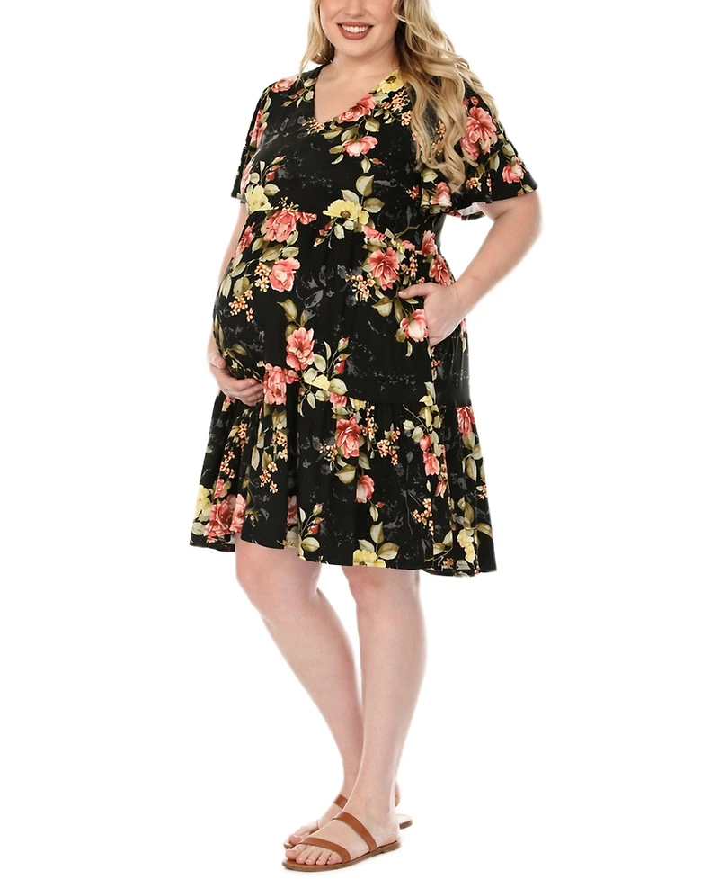 White Mark Plus Floral Print Short-Sleeve V-Neck Maternity Dress