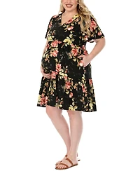 White Mark Plus Floral Print Short-Sleeve V-Neck Maternity Dress