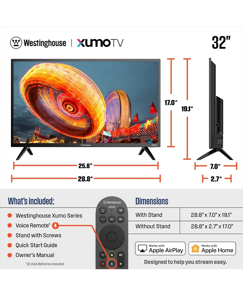 Westinghouse 32" Hd Xumo Smart Tv w/ Apple AirPlay, HomeKit & Voice Remote