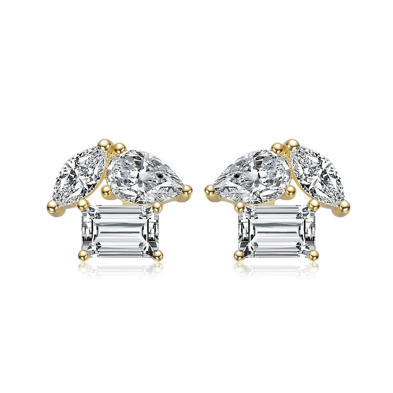 Rachel Glauber Dainty 14K Gold Plated Brilliant Three-cz Stud Earrings