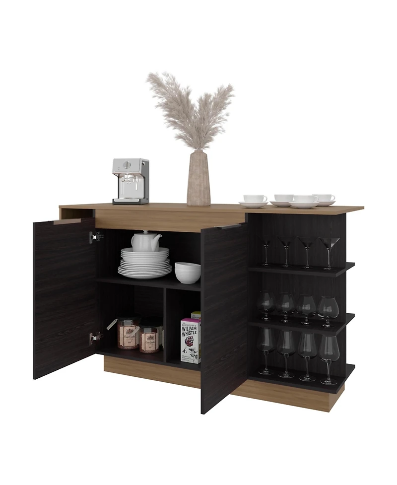 flynama Kitchen Bar Counter with Shelves and Cabinets, Wengue