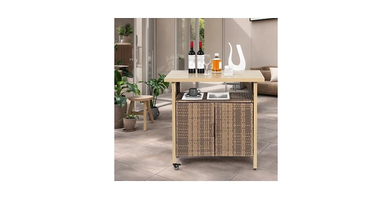 flynama Outdoor Wicker Bar Cart with Glass Top and Wheels