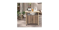 flynama Outdoor Wicker Bar Cart with Glass Top and Wheels