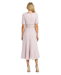 Mac Duggal Women's Short Sleeve Beaded Trim Boucle Midi Dress