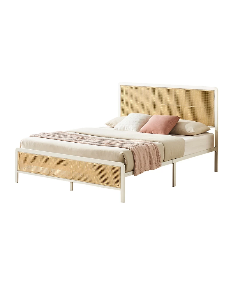 homfan Queen Size Bed Frame with Rattan Headboard, Modern Platform Bed, Heavy Duty Bed Frame With Metal Slat Support