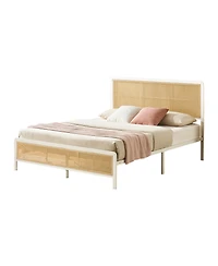 homfan Queen Size Bed Frame with Rattan Headboard, Modern Platform Bed, Heavy Duty Bed Frame With Metal Slat Support