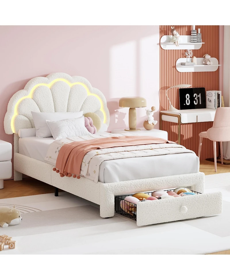 homfan Upholstered Platform Bed Frame with Led Petal Headboard and Storage Drawer, Kids Wood Slat Support