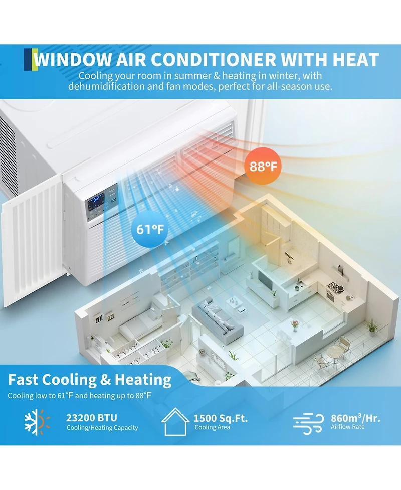 Xo 23200 Btu Window Ac with Heater, 208/230V WiFi Smart Unit, Cools and Heats 1500 Sq. Ft, App and Voice Control
