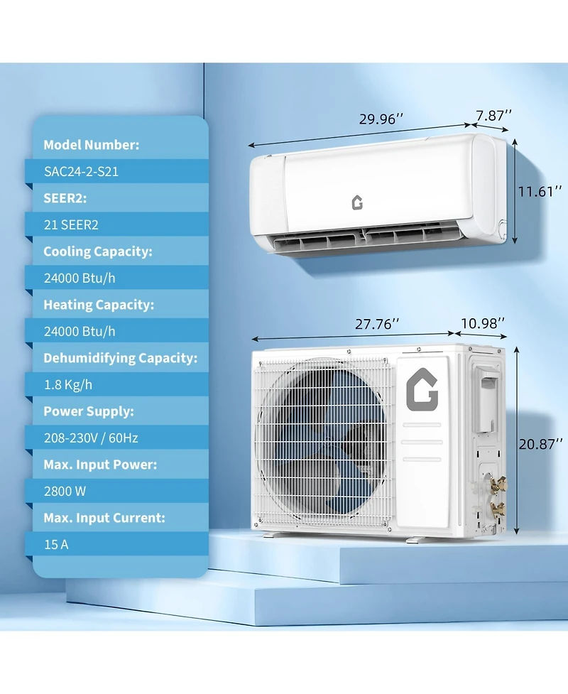 Xo 24,000 Btu Mini Split Ac and Heat Pump, 21 SEER2 Inverter, WiFi and Alexa, Cools 1,500 Sq. Ft, 230V Kit
