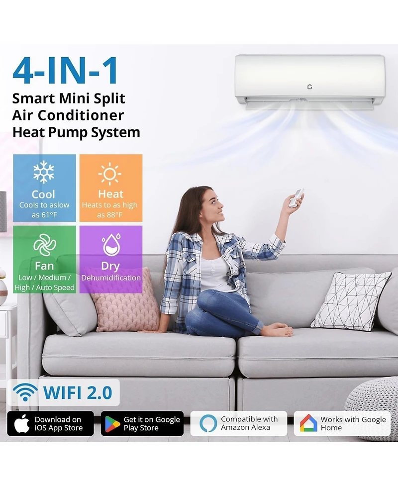 Xo 11500 Btu Mini Split Ac and Heat Pump, 17 SEER2 Inverter, WiFi and Alexa, Cools 750 Sq. Ft, 115V Kit