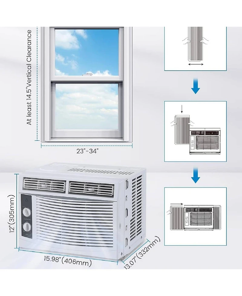 Xo 2-in-1 5000 Btu Quiet Efficient Window Air Conditioner for Bedroom, Office, Living Room, Quick Install Kit