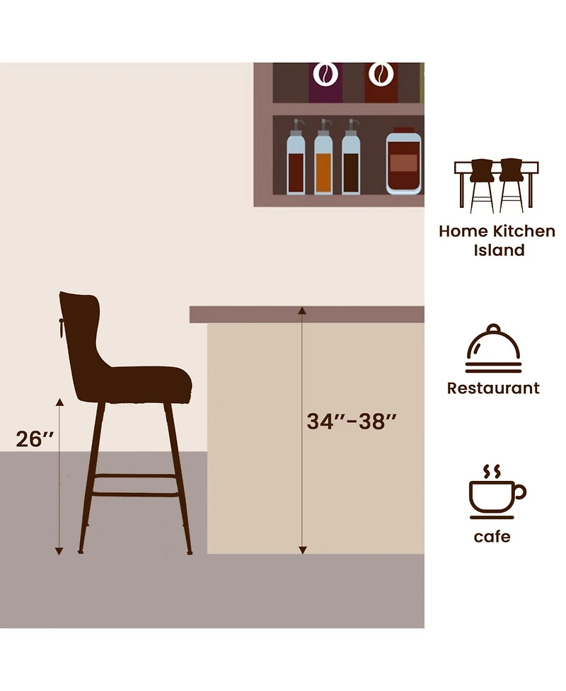 Rainsken Bar Stools Set of 2, Velvet Counter, Button Tufted and Nailheads Trim, with Metal Legs, for Kitchen Island Dining Room Pub