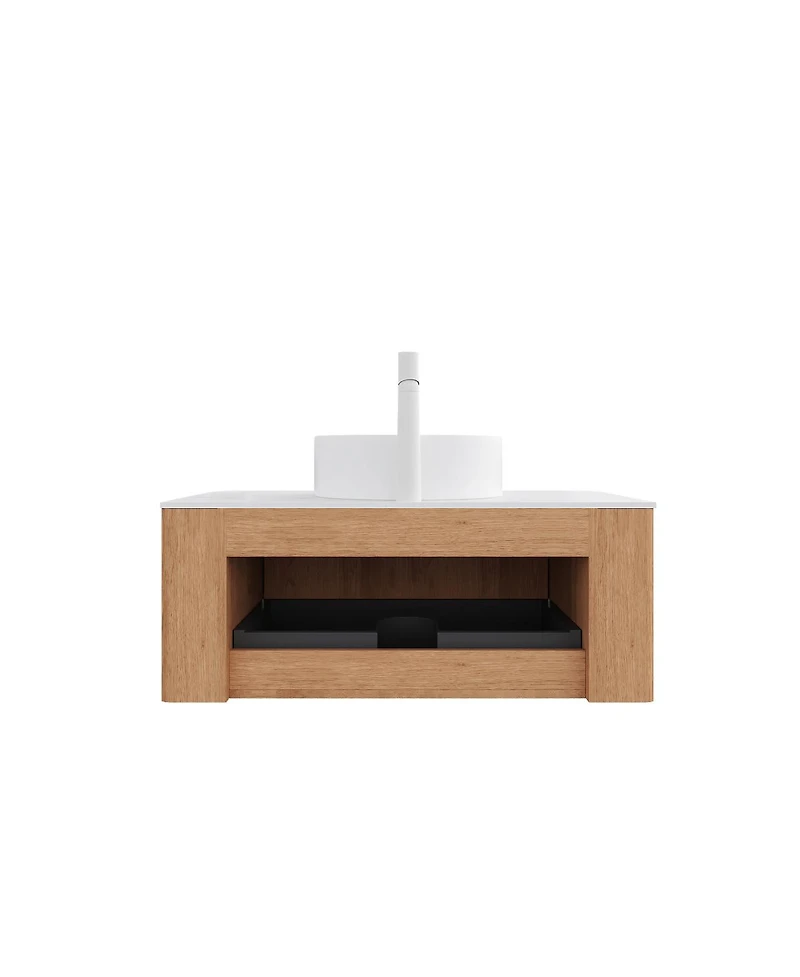 Sillysis Wall Mounted Bathroom Vanity with Sintered Stone Top, Ceramic Vessel Sink, 3D Wood Grain Drawer
