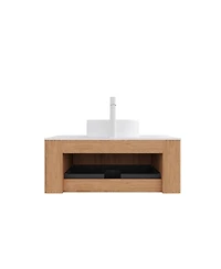 Sillysis Wall Mounted Bathroom Vanity with Sintered Stone Top, Ceramic Vessel Sink, 3D Wood Grain Drawer