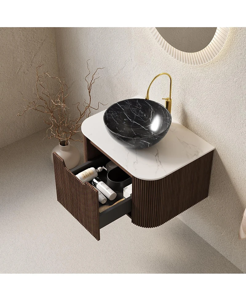 Sillysis Wall Mounted Bathroom Vanity with Artificial Marble Top, Ceramic Basin, Soft Close Drawer