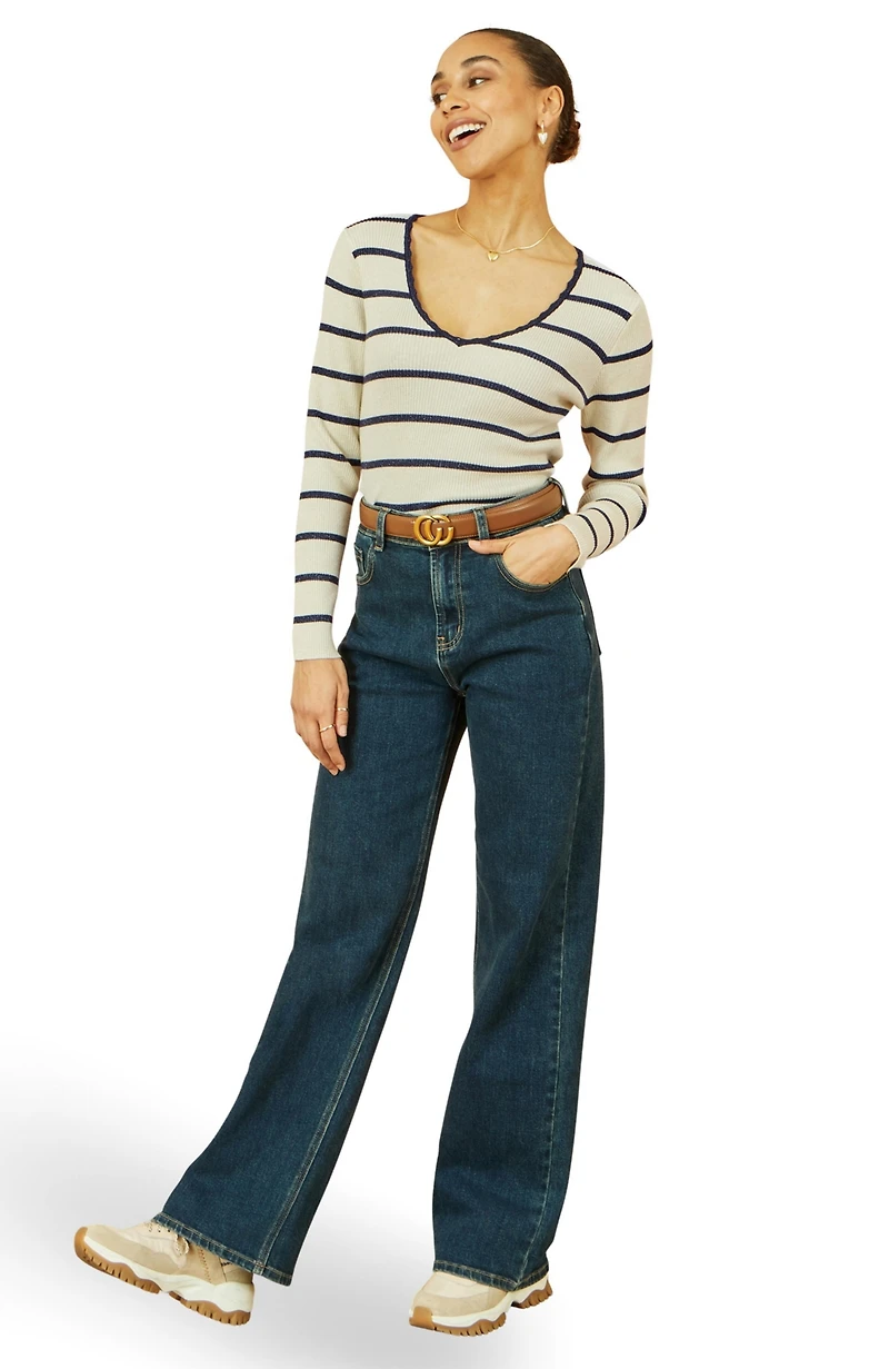 Yumi Women's Metallic Stripe Knitted Ribbed Top