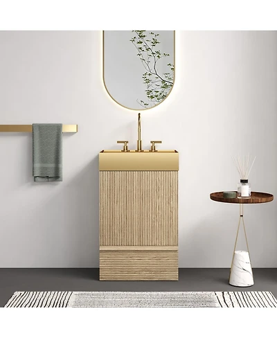 Sillysis Freestanding Bathroom Vanity with Gold Metal Vessel Sink, Modern Striped Cabinet with Drawer for Small Spaces