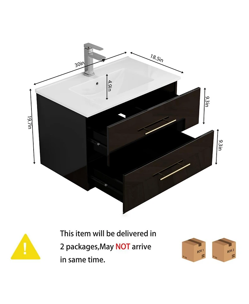 Sillysis Wall Mounted Bathroom Vanity with Ceramic Sink, Double Drawers