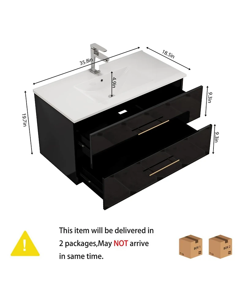 Sillysis Wall Mounted Bathroom Vanity with Ceramic Sink, Double Drawers, Modern Glossy Cabinet for Small Spaces